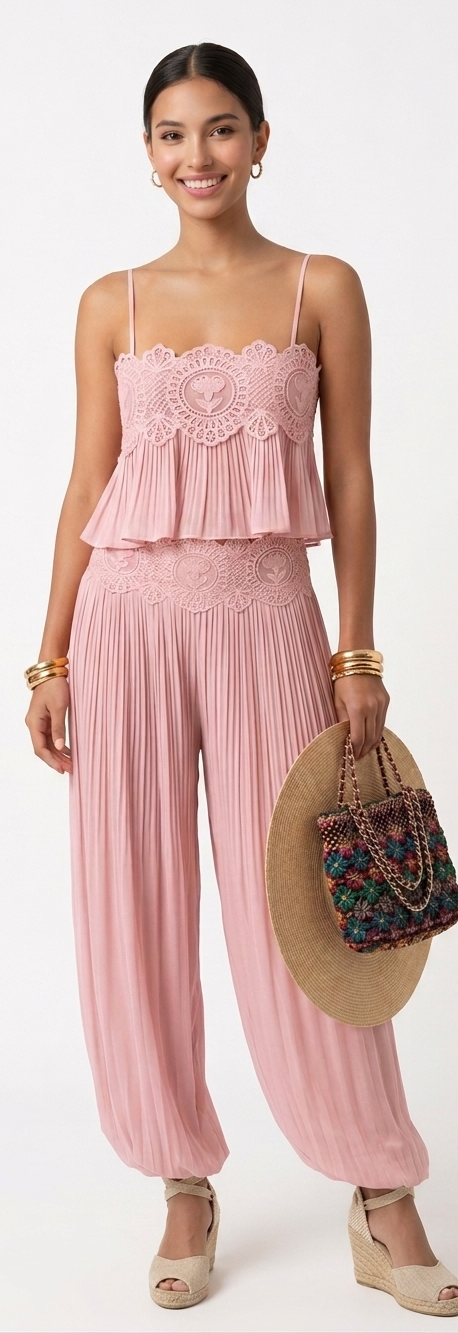 IBISÉ - Conjunto de dos piezas de encaje y pantalón palazzo fluido