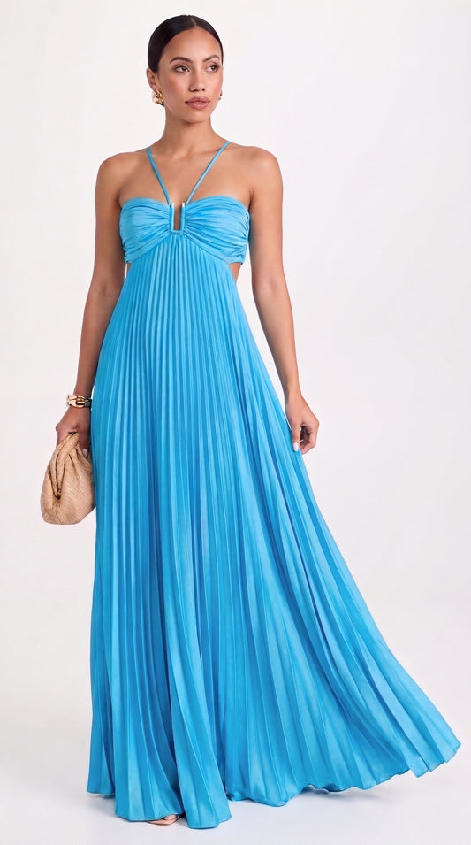 NAÏA — Vestido Azul Plisado con Cuello Halter